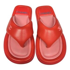Chanel Orange and Pink Padded Pool Thong Logo Mule Sz 38